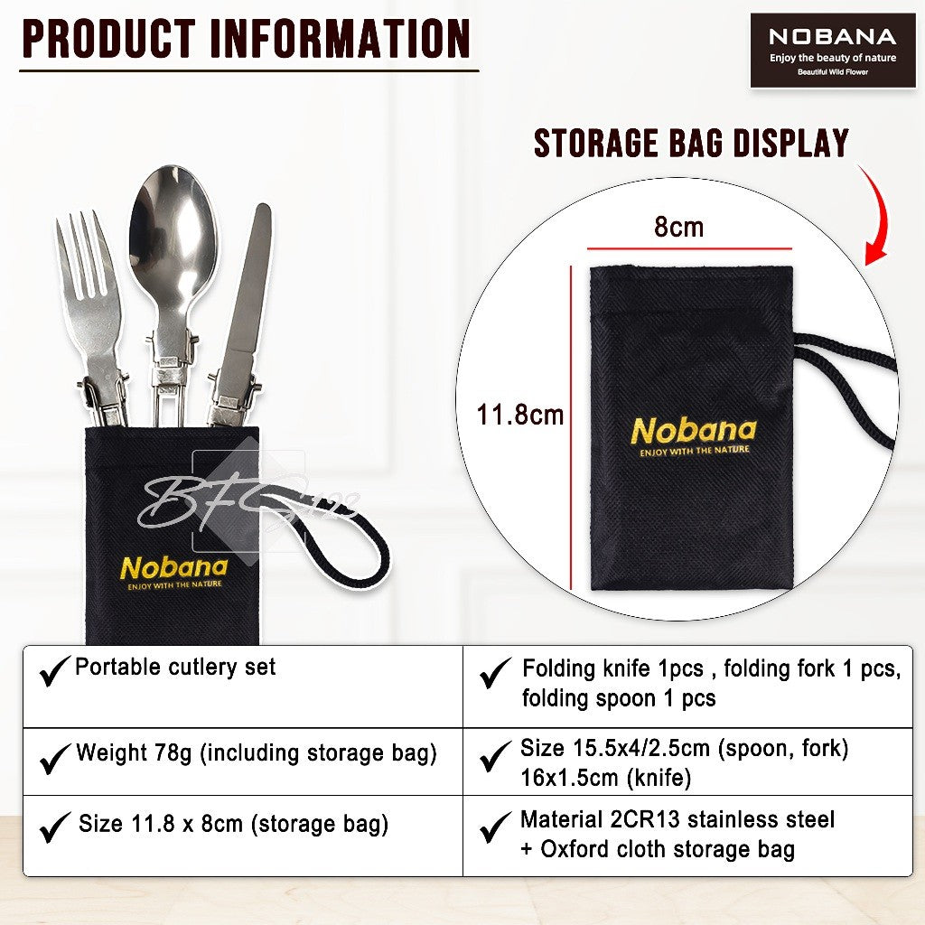 Sendok Garpu Pisau Lipat Stainless Steel Plus Oxford Cloth Storage BAG Nobana