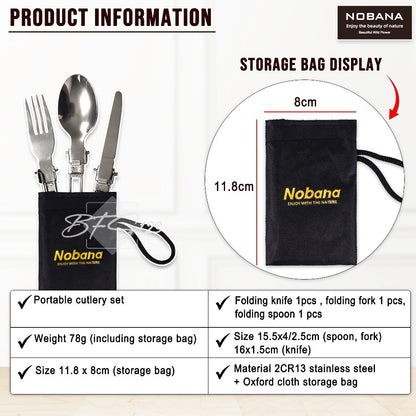 Sendok Garpu Pisau Lipat Stainless Steel Plus Oxford Cloth Storage BAG Nobana