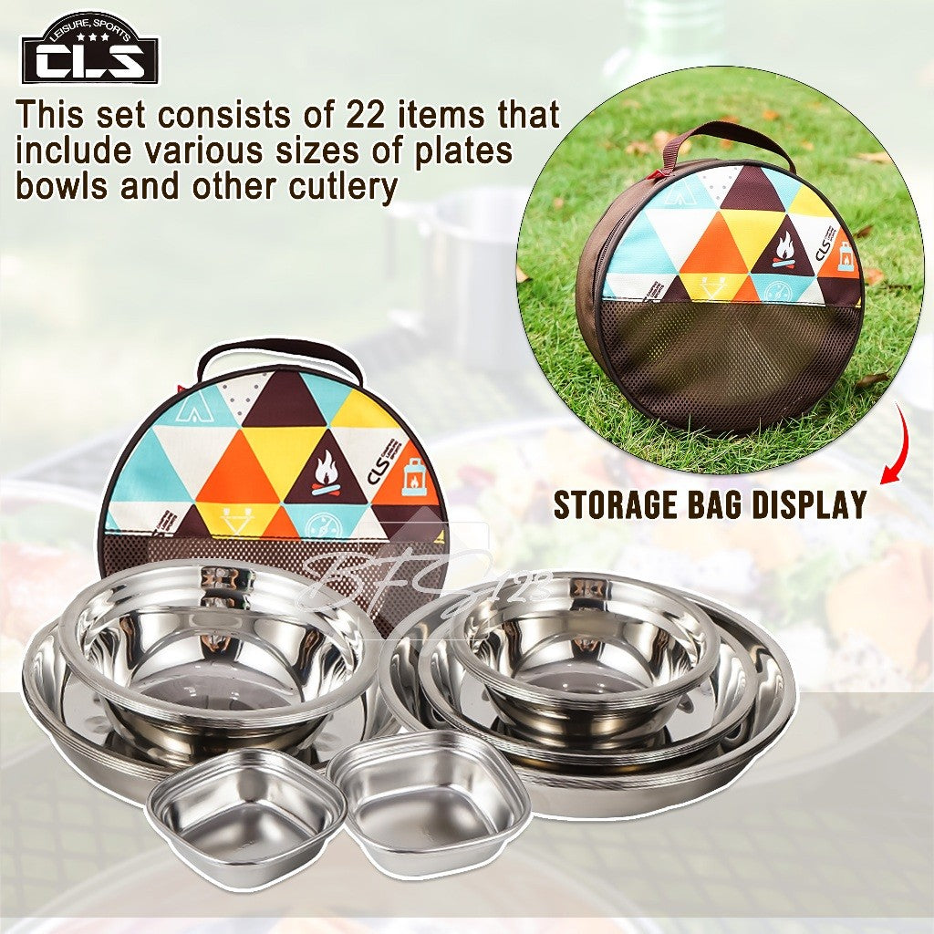 Paket Piring Mangkok Tableware Set 22 in 1 Cookware Set Camping SUS 304 Plus Storage Bag Merk CLS