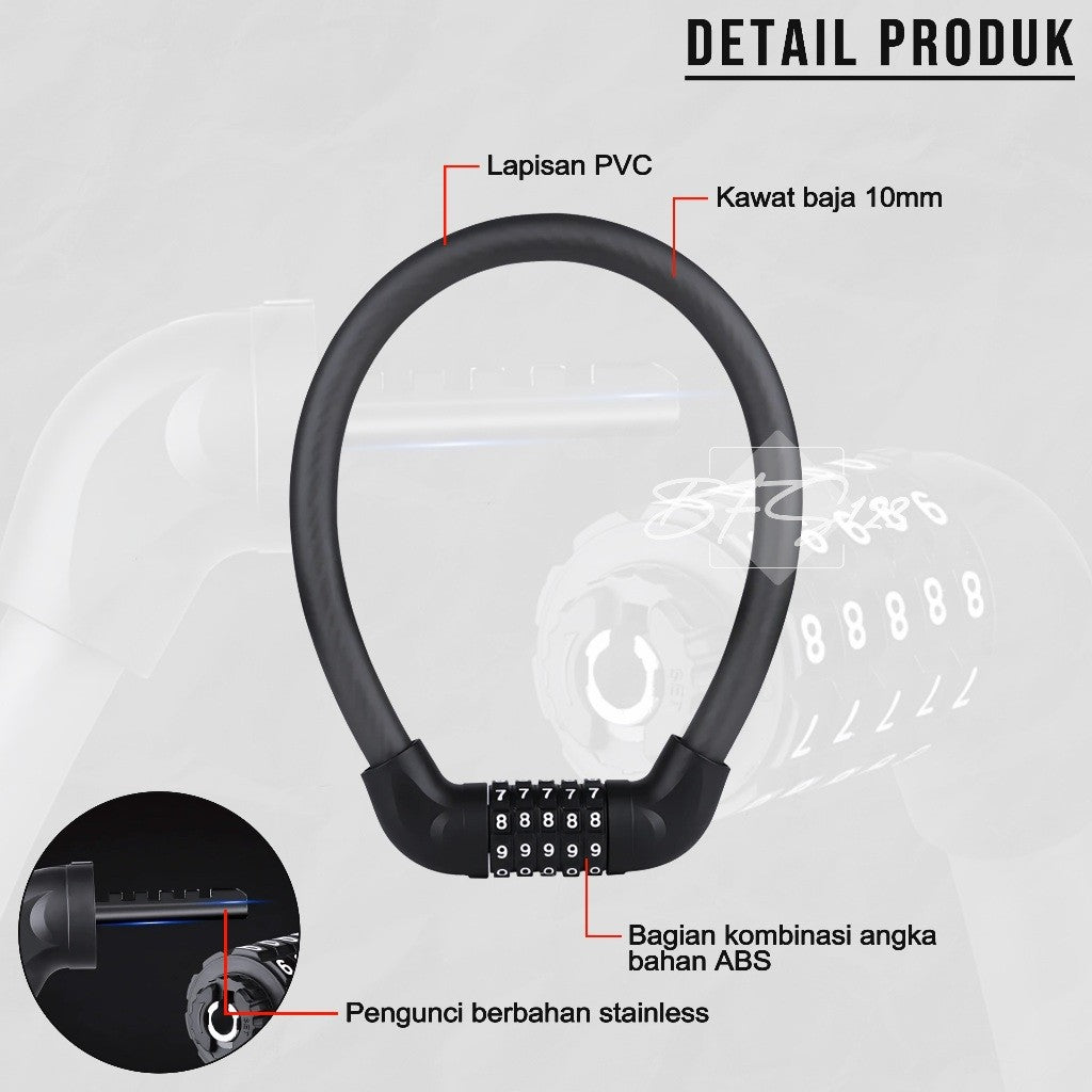 Kunci Gembok Motor Sepeda Kawat Baja 10 mm Lock Waterproof 5 Digit Password 57 Cm