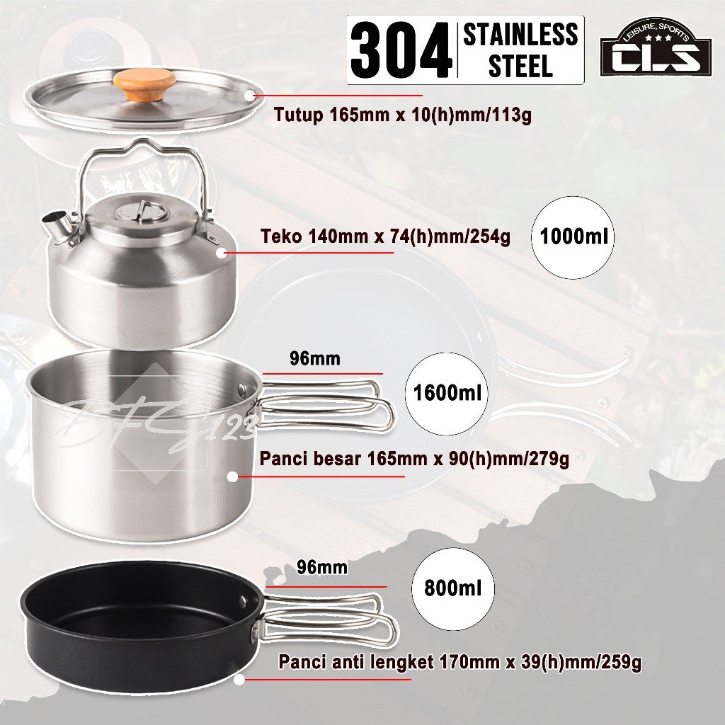 Nesting Cooking Set Teapot Peralatan Masak Camping Hiking Panci 1,6 L Fry Pan 0,8 L Pot 1 L Stainless 304