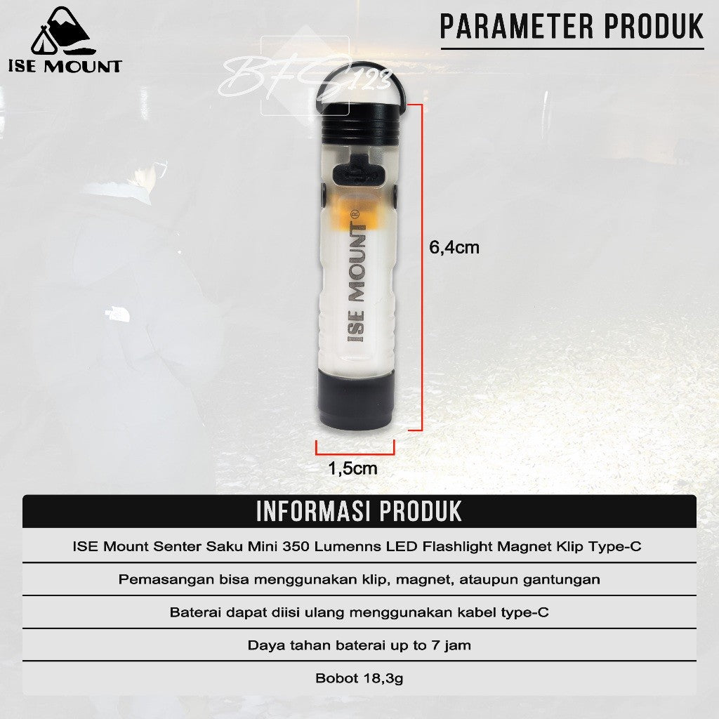 ISE Mount Senter Saku Mini 350 Lumenns LED Flashlight Magnet Klip Type-C Glow In The Dark