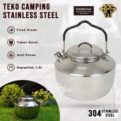 Teko Camping Stainless Steel 304 1,5 Liter Gagang Handle Grip Karet NOBANA