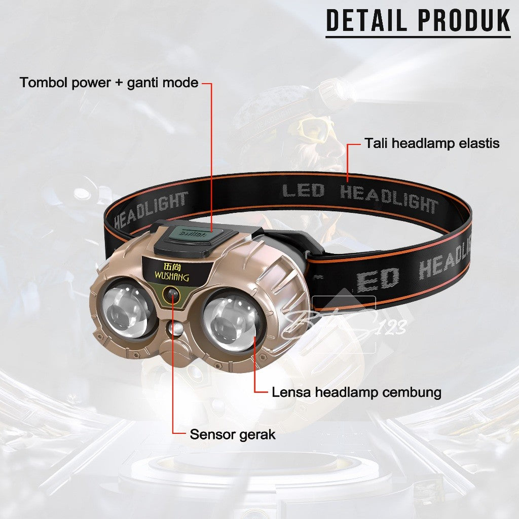 Lampu Senter Kepala Wushang 8619A Sensor Gerak 3 Mode 1200 mAh Headlamp Waterproof USB Type-C