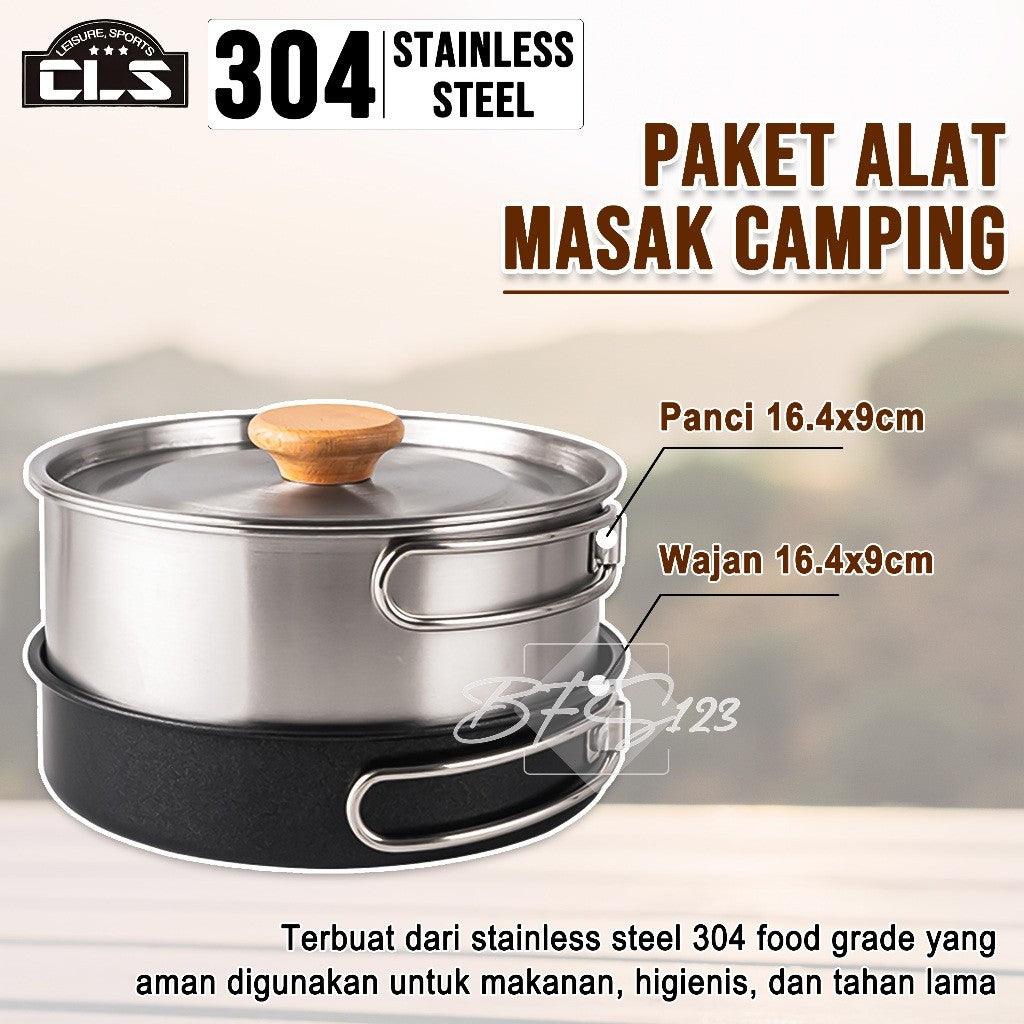 Nesting Cooking Set Teapot Peralatan Masak Camping Hiking Panci 1,6 L Fry Pan 0,8 L Pot 1 L Stainless 304