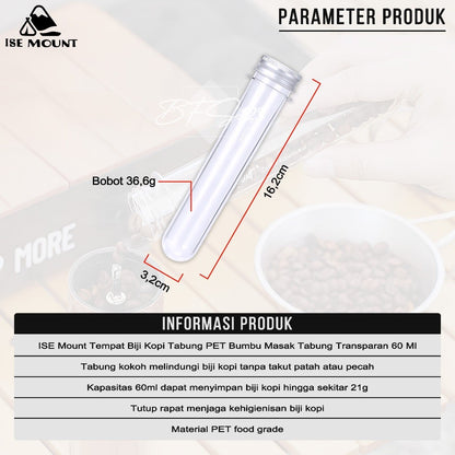 ISE Mount Coffee Tube Tempat Biji Kopi Tabung PET Bumbu Masak Tabung Transparan 60 Ml