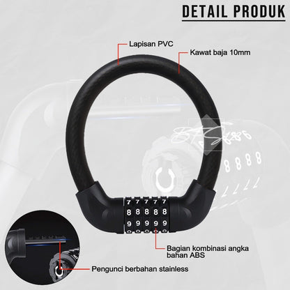 Kunci Gembok Motor Sepeda Kawat Baja 10 mm Lock Waterproof 5 Digit Password 40 Cm