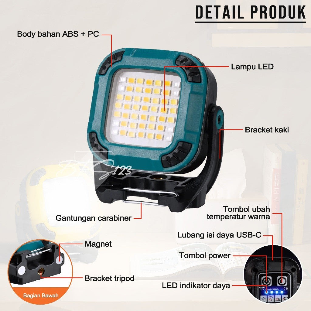 Lampu Emergency Lampu COB W8129-2 Lampu Sorot WorkLight Warerproof 1200 mAh Type-C