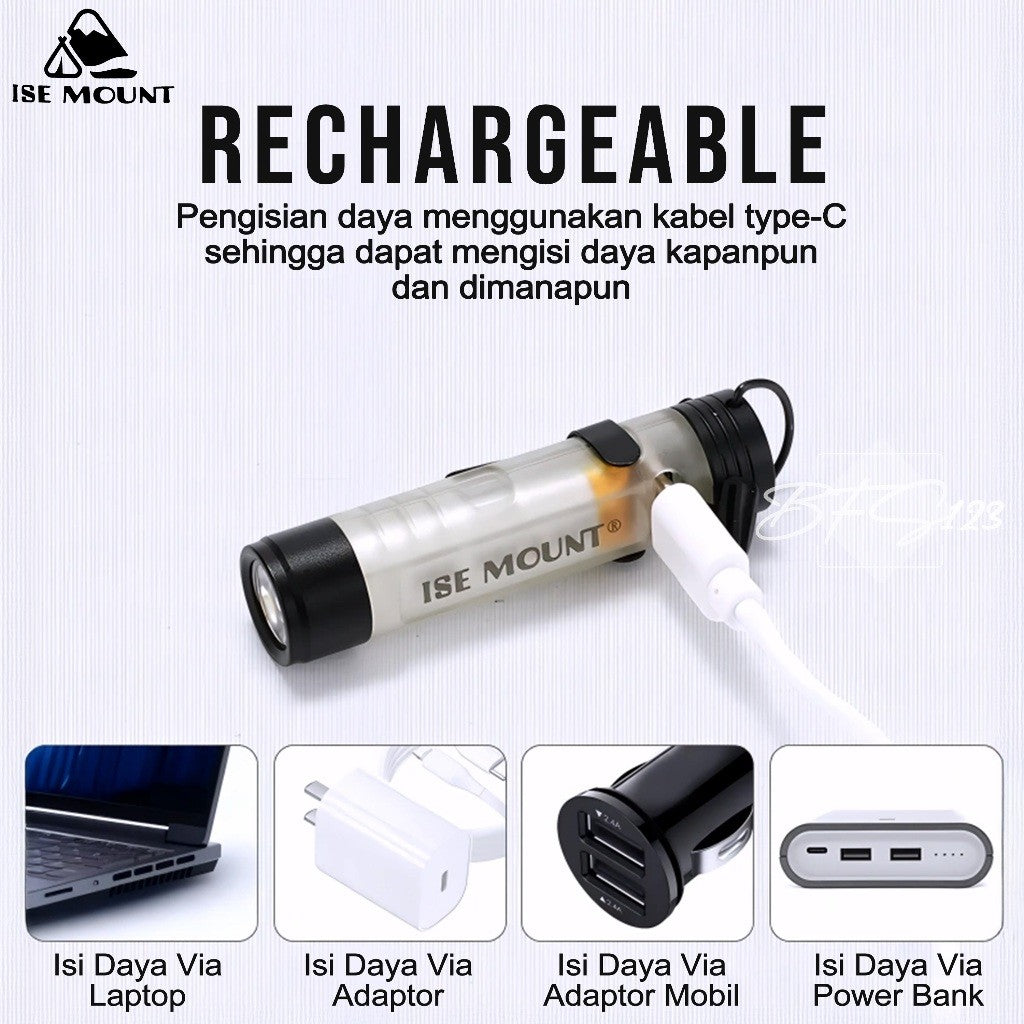 ISE Mount Senter Saku Mini 350 Lumenns LED Flashlight Magnet Klip Type-C Glow In The Dark