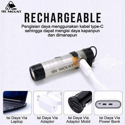 ISE Mount Senter Saku Mini 350 Lumenns LED Flashlight Magnet Klip Type-C Glow In The Dark