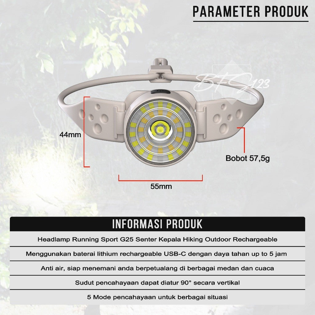 Headlamp Running Sport 800 Lumens G25 Senter Kepala Hiking Outdoor Rechargeable Type-C