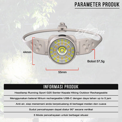 Headlamp Running Sport 800 Lumens G25 Senter Kepala Hiking Outdoor Rechargeable Type-C