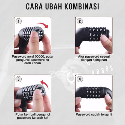 Kunci Gembok Motor Sepeda Kawat Baja 10 mm Lock Waterproof 5 Digit Password 40 Cm