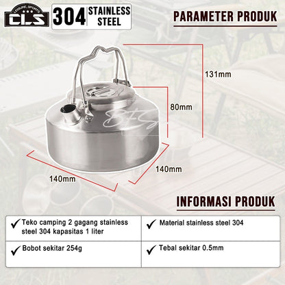 Teko Camping 1 Liter Kettle Camping Teapot Stainless Steel 304 Two Handle CLS