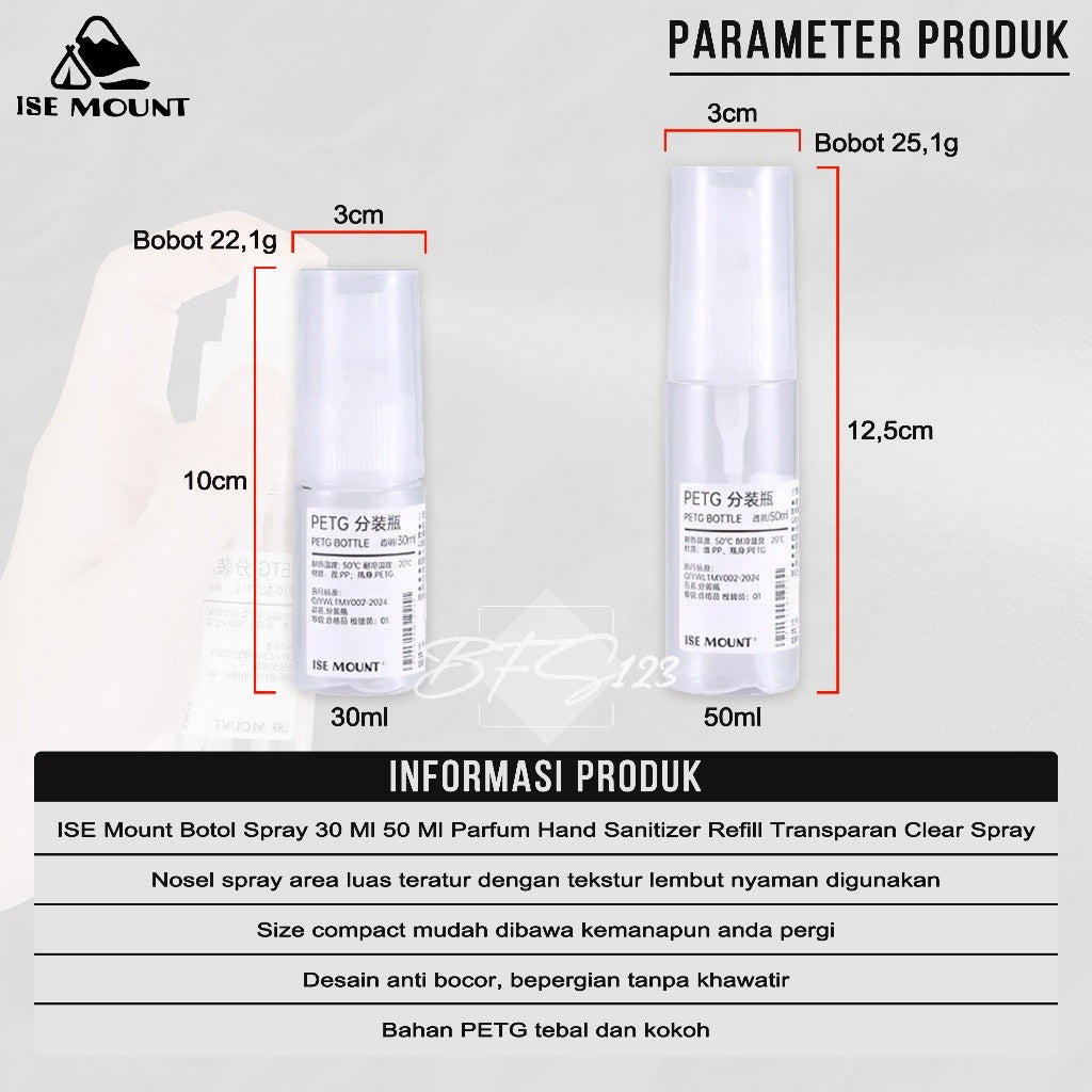 ISE Mount Botol Spray 30 Ml 50 Ml Parfum Hand Sanitizer Refill Transparan Clear Spray