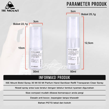 ISE Mount Botol Spray 30 Ml 50 Ml Parfum Hand Sanitizer Refill Transparan Clear Spray
