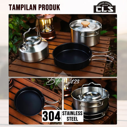 Nesting Cooking Set Teapot Peralatan Masak Camping Hiking Panci 1,6 L Fry Pan 0,8 L Pot 1 L Stainless 304