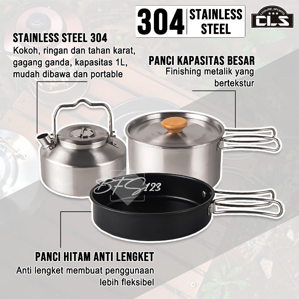 Nesting Cooking Set Teapot Peralatan Masak Camping Hiking Panci 1,6 L Fry Pan 0,8 L Pot 1 L Stainless 304