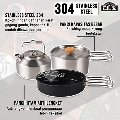 Nesting Cooking Set Teapot Peralatan Masak Camping Hiking Panci 1,6 L Fry Pan 0,8 L Pot 1 L Stainless 304