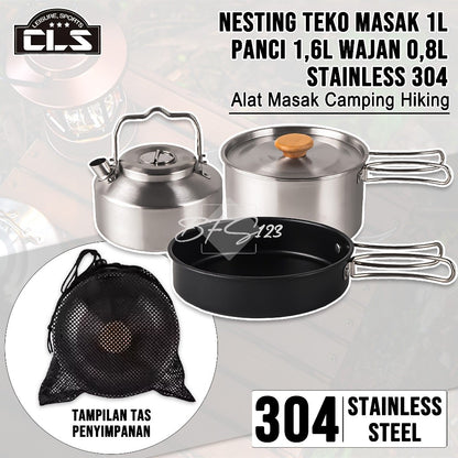 Nesting Cooking Set Teapot Peralatan Masak Camping Hiking Panci 1,6 L Fry Pan 0,8 L Pot 1 L Stainless 304