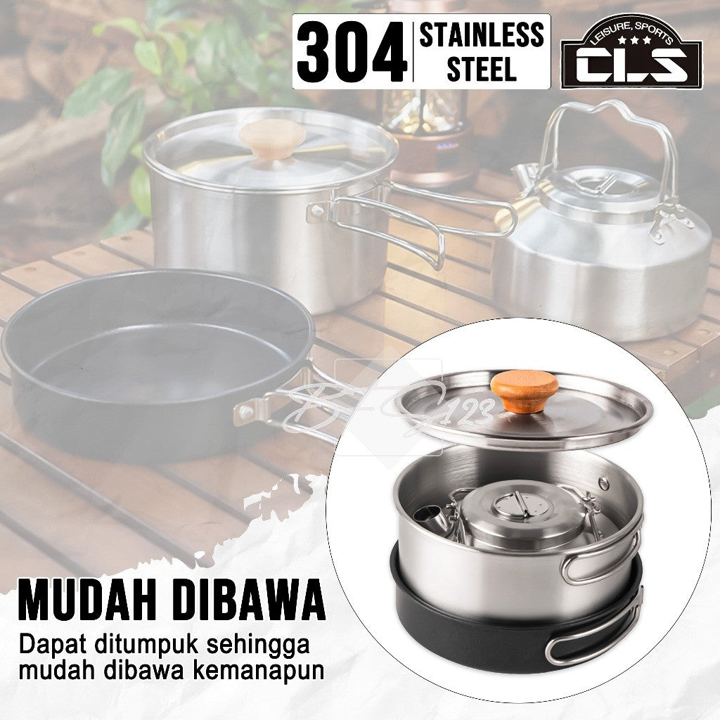 Nesting Cooking Set Teapot Peralatan Masak Camping Hiking Panci 1,6 L Fry Pan 0,8 L Pot 1 L Stainless 304