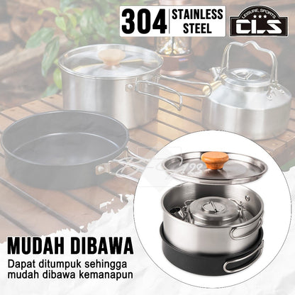 Nesting Cooking Set Teapot Peralatan Masak Camping Hiking Panci 1,6 L Fry Pan 0,8 L Pot 1 L Stainless 304