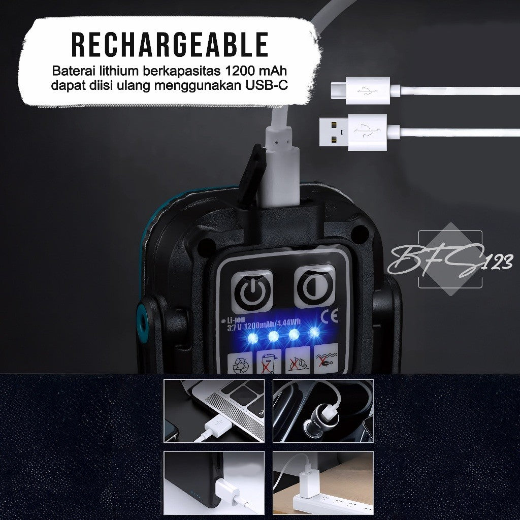 Lampu Emergency Lampu COB W8129-2 Lampu Sorot WorkLight Warerproof 1200 mAh Type-C