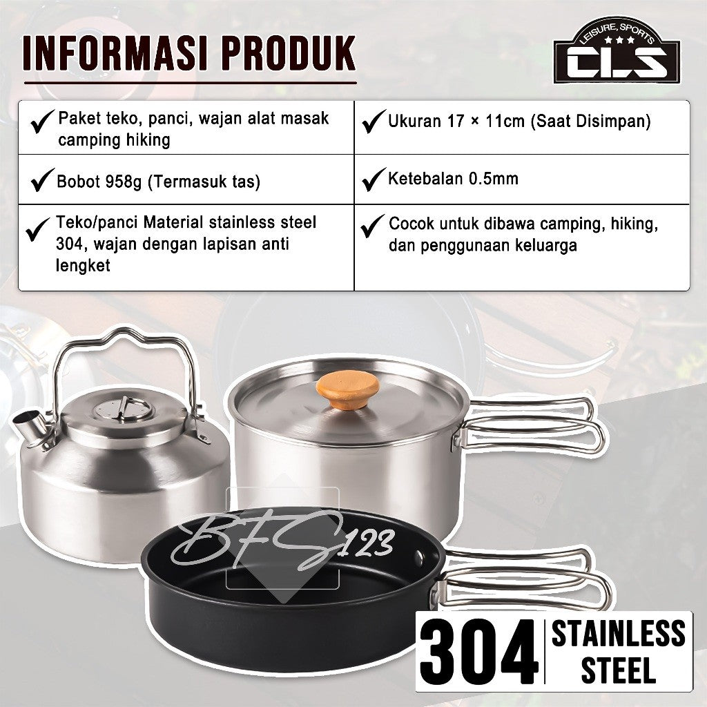 Nesting Cooking Set Teapot Peralatan Masak Camping Hiking Panci 1,6 L Fry Pan 0,8 L Pot 1 L Stainless 304