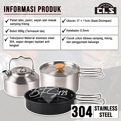 Nesting Cooking Set Teapot Peralatan Masak Camping Hiking Panci 1,6 L Fry Pan 0,8 L Pot 1 L Stainless 304