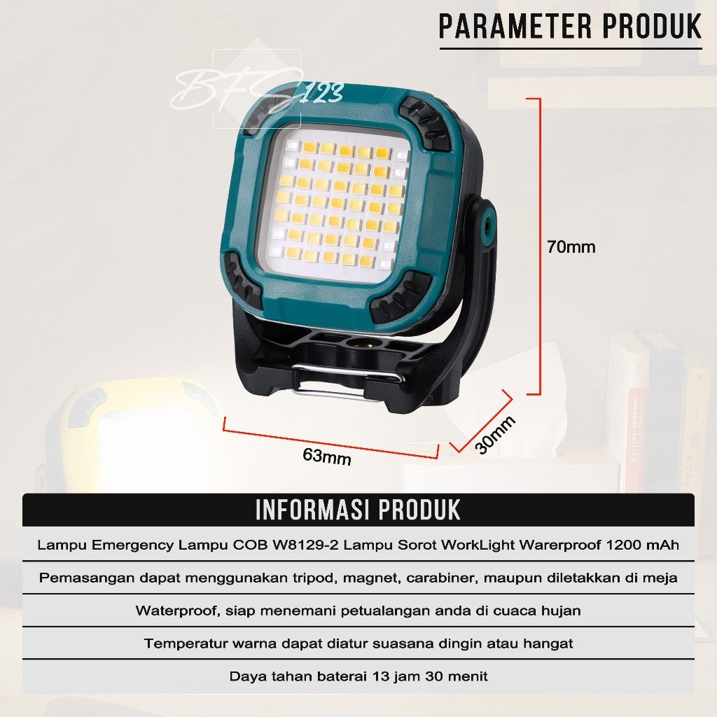 Lampu Emergency Lampu COB W8129-2 Lampu Sorot WorkLight Warerproof 1200 mAh Type-C