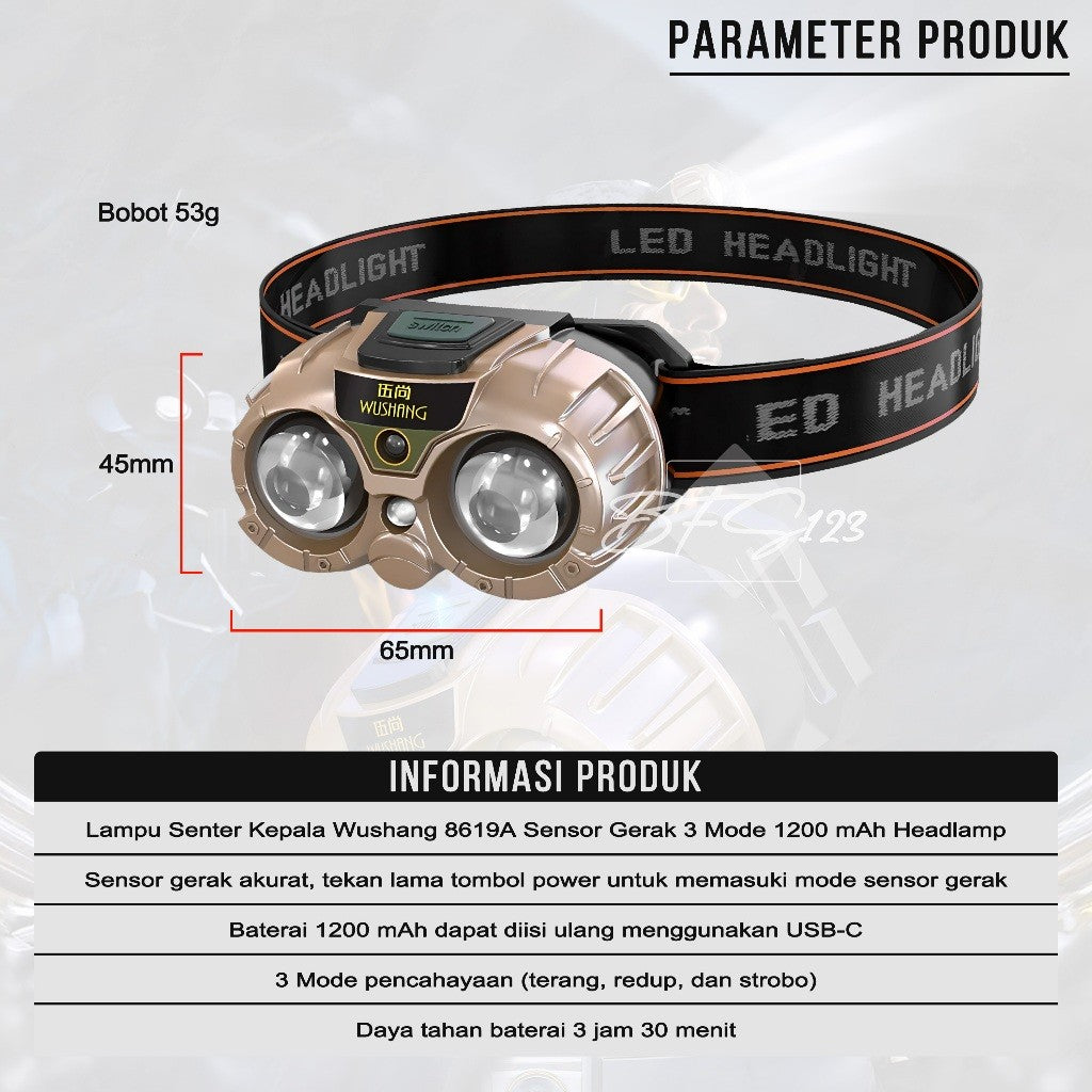 Lampu Senter Kepala Wushang 8619A Sensor Gerak 3 Mode 1200 mAh Headlamp Waterproof USB Type-C