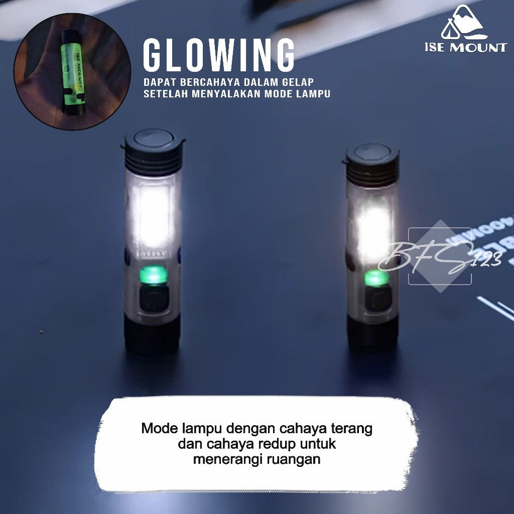 ISE Mount Senter Saku Mini 350 Lumenns LED Flashlight Magnet Klip Type-C Glow In The Dark