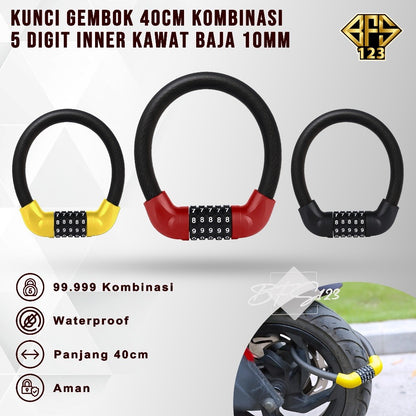 Kunci Gembok Motor Sepeda Kawat Baja 10 mm Lock Waterproof 5 Digit Password 40 Cm