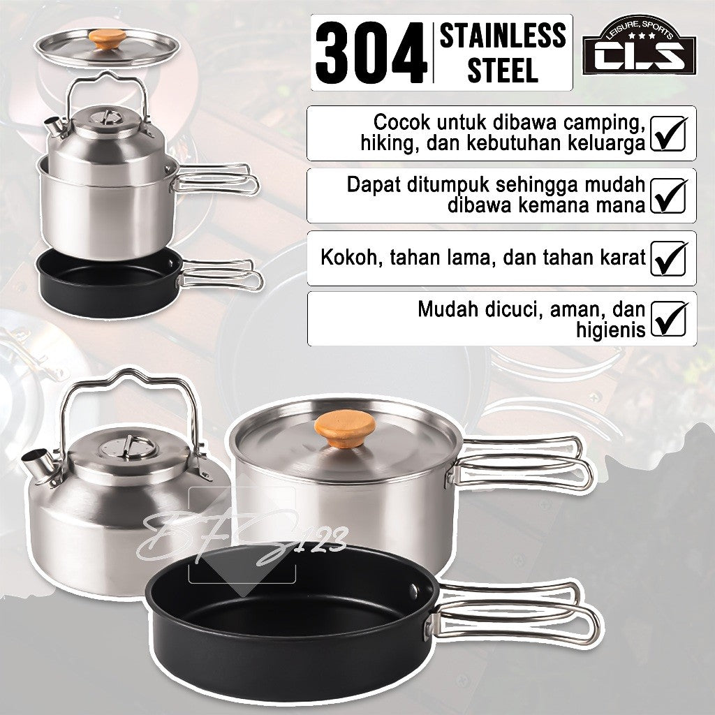 Nesting Cooking Set Teapot Peralatan Masak Camping Hiking Panci 1,6 L Fry Pan 0,8 L Pot 1 L Stainless 304