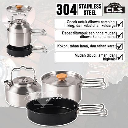 Nesting Cooking Set Teapot Peralatan Masak Camping Hiking Panci 1,6 L Fry Pan 0,8 L Pot 1 L Stainless 304