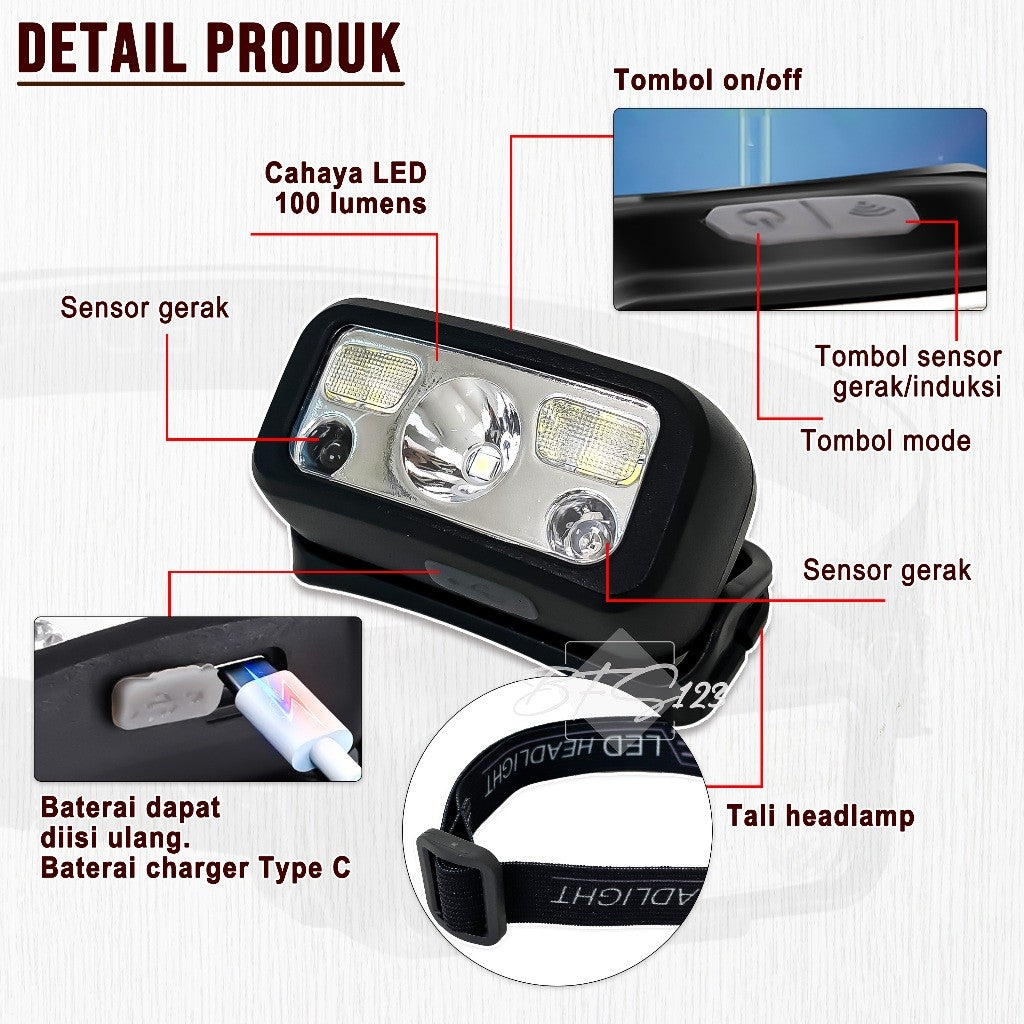 Headlamp Senter Kepala Sensor Gerak 100 Lumens LED USB Type-C Baterai Charge White Light Red Light Auto On Off