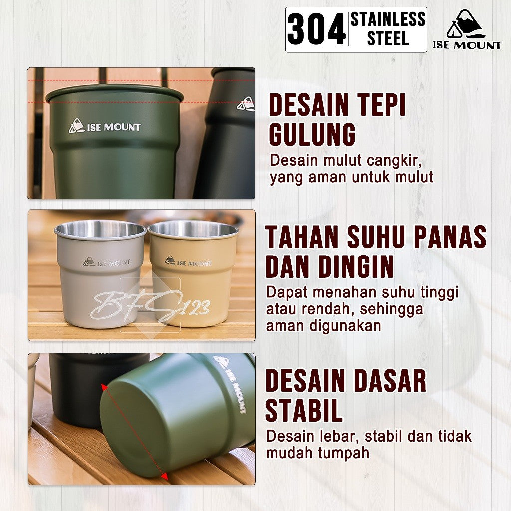 Gelas Camping Stainless Steel 304 Kapasitas 300 ml Gelas Kopi Hiking ISE Mount