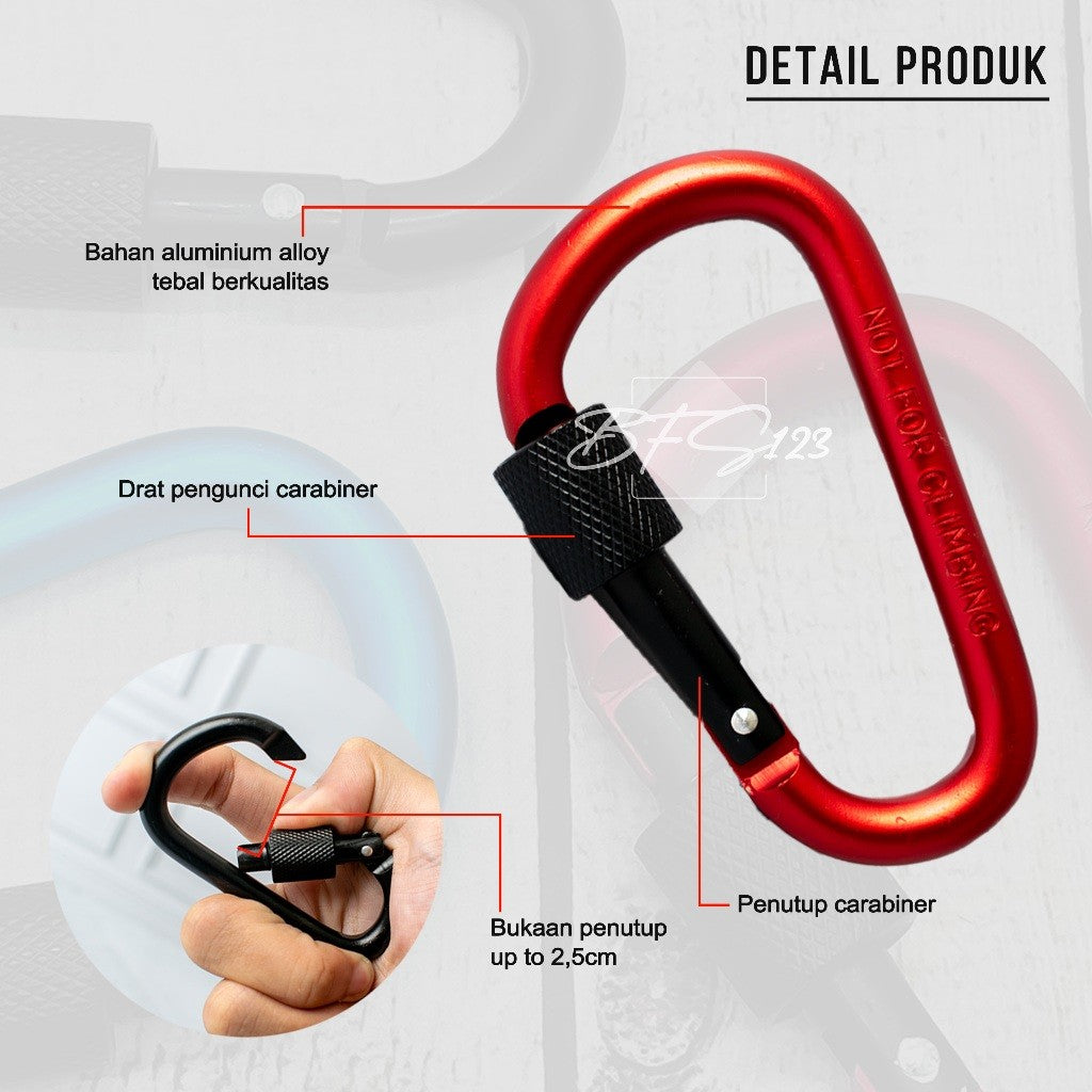 Carabinner Aluminium Type D Size 8 Cm Drat Pengunci Model Bulat
