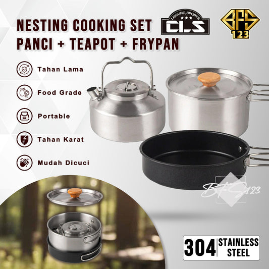 Nesting Cooking Set Teapot Peralatan Masak Camping Hiking Panci 1,6 L Fry Pan 0,8 L Pot 1 L Stainless 304