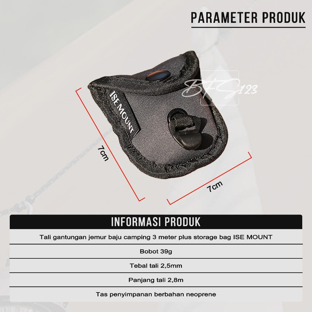 Tali Gantungan Jemur Baju Camping 2,8 Meter Plus Storage BAG ISE Mount