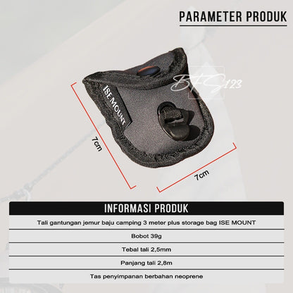 Tali Gantungan Jemur Baju Camping 2,8 Meter Plus Storage BAG ISE Mount