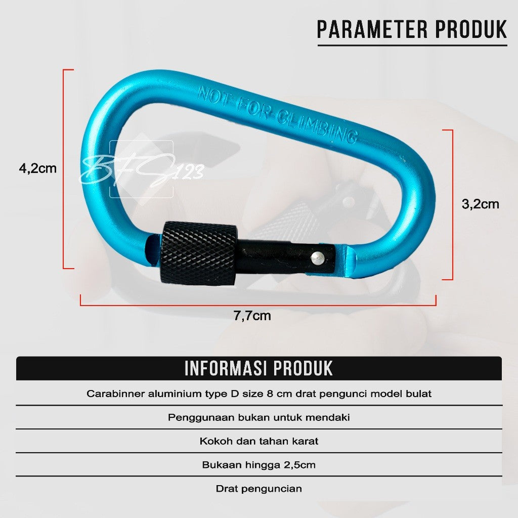 Carabinner Aluminium Type D Size 8 Cm Drat Pengunci Model Bulat