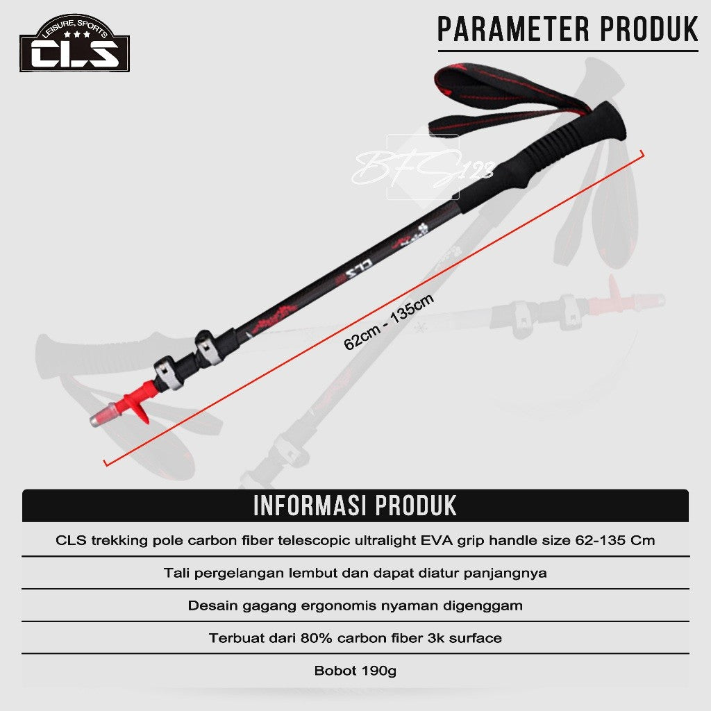 CLS Trekking Pole Carbon Fiber Telescopic Ultralight EVA Grip Handle Size 62-135 Cm