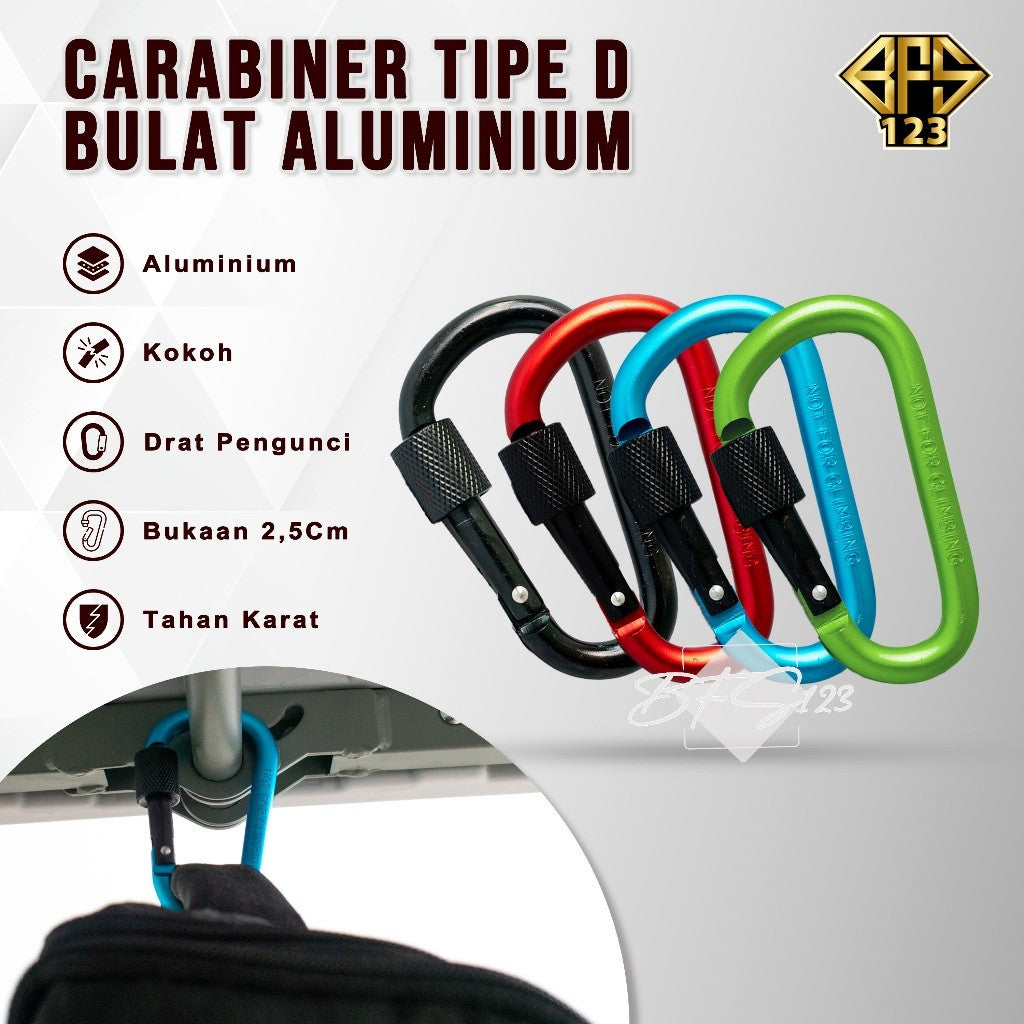 Carabinner Aluminium Type D Size 8 Cm Drat Pengunci Model Bulat