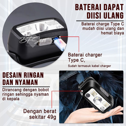 Headlamp Senter Kepala Sensor Gerak 100 Lumens LED USB Type-C Baterai Charge White Light Red Light Auto On Off