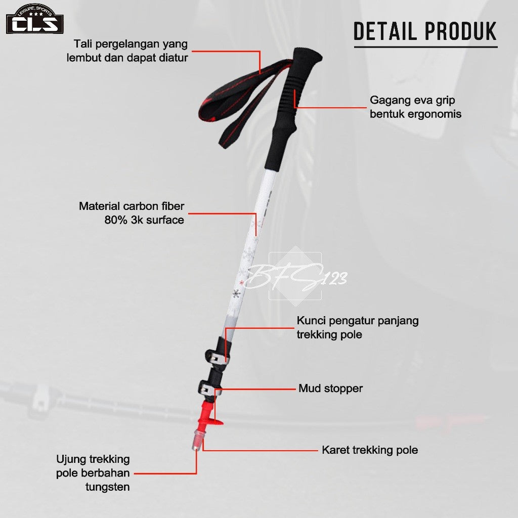 CLS Trekking Pole Carbon Fiber Telescopic Ultralight EVA Grip Handle Size 62-135 Cm
