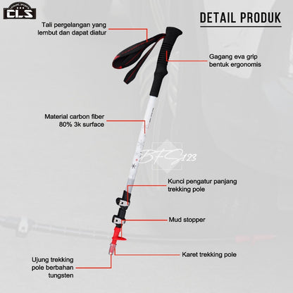 CLS Trekking Pole Carbon Fiber Telescopic Ultralight EVA Grip Handle Size 62-135 Cm