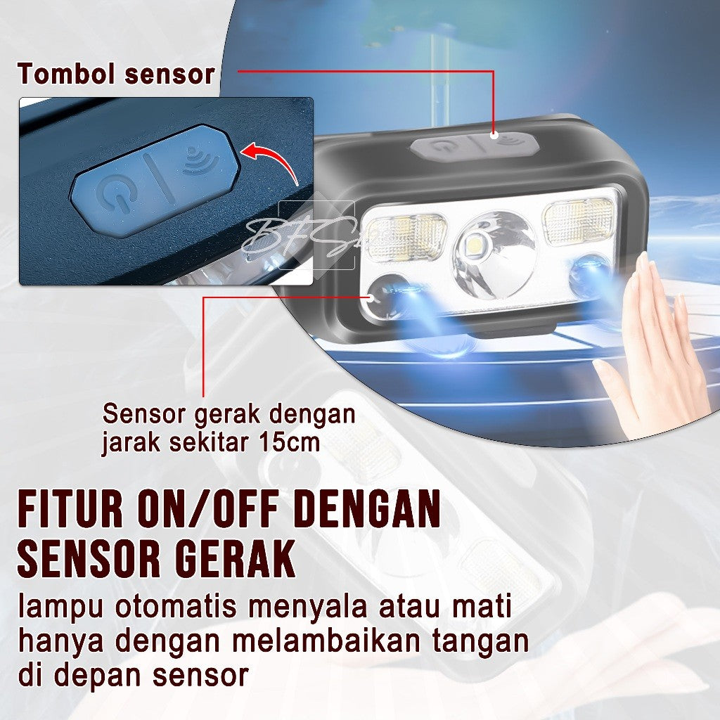 Headlamp Senter Kepala Sensor Gerak 100 Lumens LED USB Type-C Baterai Charge White Light Red Light Auto On Off