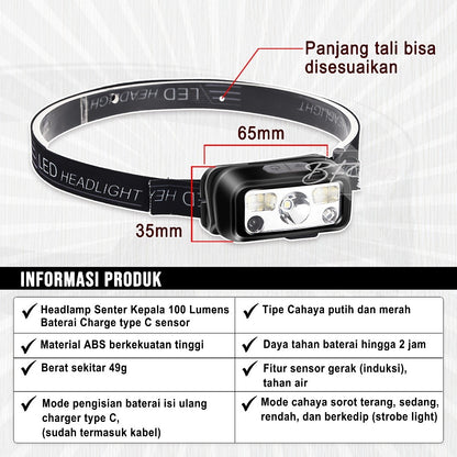 Headlamp Senter Kepala Sensor Gerak 100 Lumens LED USB Type-C Baterai Charge White Light Red Light Auto On Off