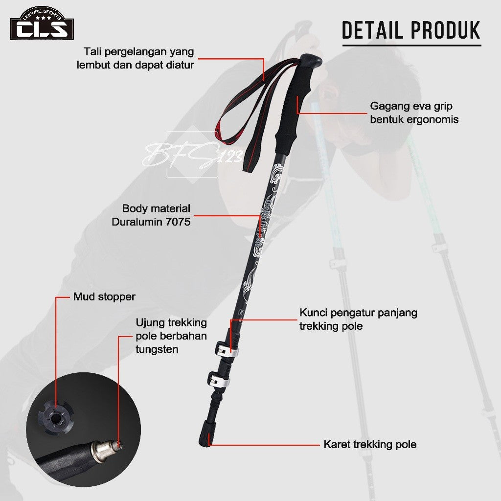 CLS Trekking Pole Aluminium Aloy 7075 Telescopic Ultralight EVA Grip Handle Size 62-135 Cm